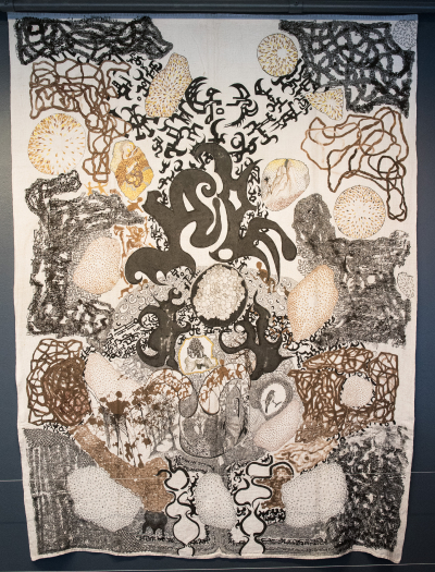 Sumi and Sennelier ink on early 20th century hemp bedsheet.